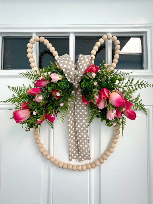 Easter Bunny Spring Pink Tulips Wood Wreath