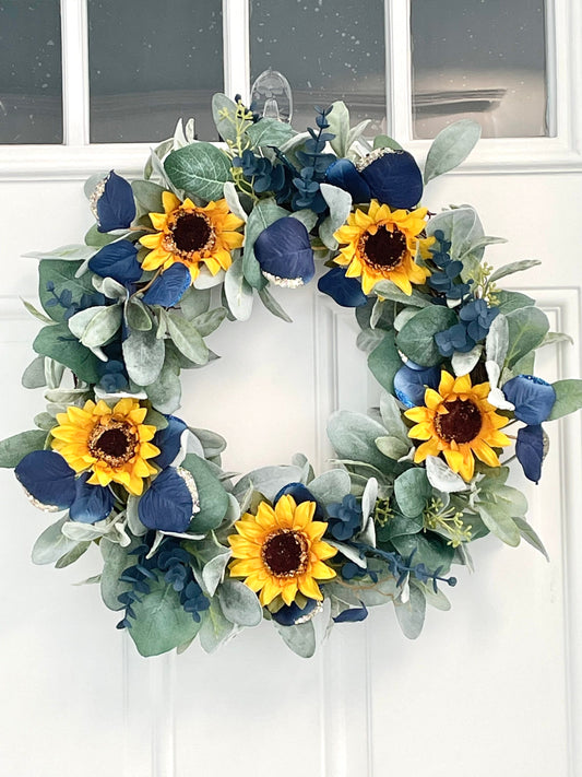 Lambs ear and sunflower summer wreath, summer blue eucalyptus wreath, blue and yellow summer wreath, sunflower wreath for front door