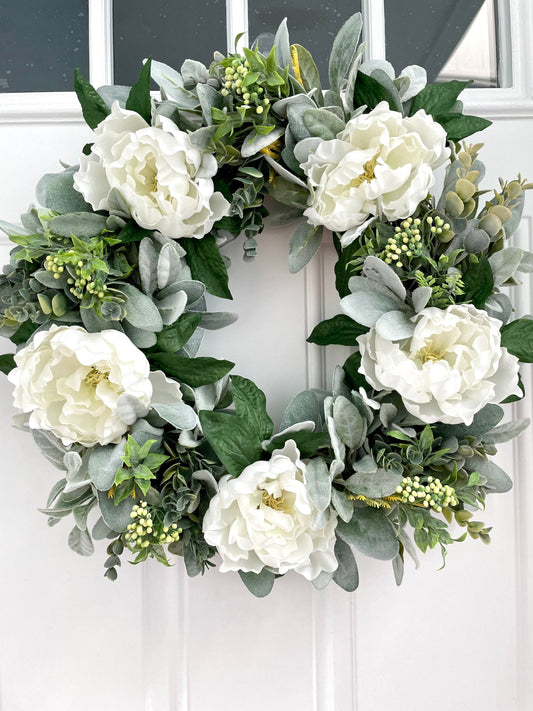 Ivory peony summer wreath, Peony wreath for front door, peony cottage style wreath, bridal wreath, mothers day wreath, eucalyptus wreath