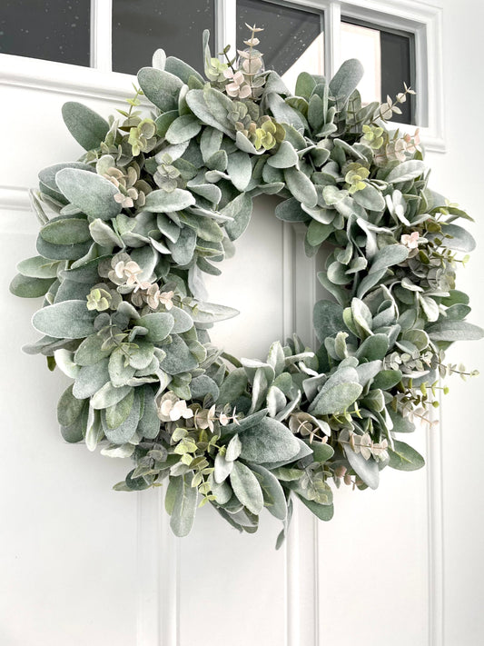 lambs ear and eucalyptus year round wreath, pink eucalyptus wreath, cottage style wreath, greenery wreath, pink summer wreath for front door