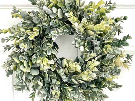 mini frosted eucalyptus wreath, frosted eucalyptus candle ring, greenery wreath, frosted eucalyptus year round wreath, eucalyptus wall decor