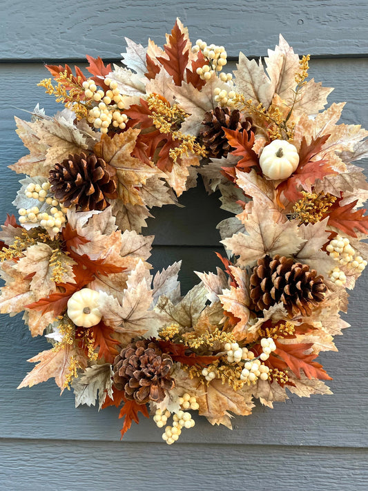neutral maple and pumpkin fall wreath, berry and pumpkin fall wreath, neutral maple Thanksgiving wreath, tan and copper maple wreath,