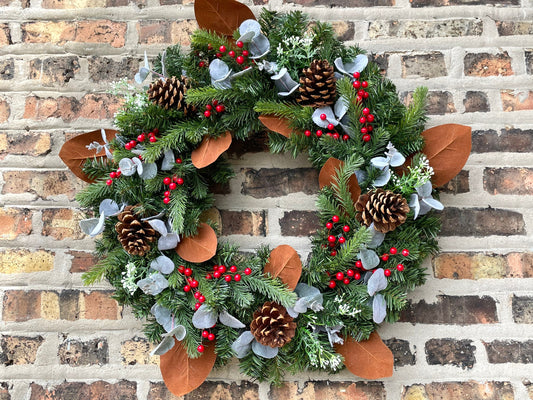 Magnolia wreath, eucalyptus wreath, winter wreath, fall wreath, Christmas wreath, pine wreath, holiday wreath, red berry wreath