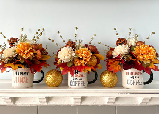 Halloween mug floral centerpiece, pumpkin floral centerpiece, fall mum flower centerpiece, thanksgiving magnolia centerpiece, fall decor