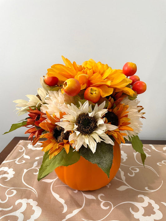 orange pumpkin fall centerpiece, sunflower fall centerpiece, rusted orange sunflower decor