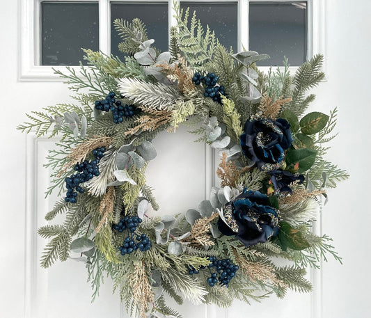 blue and gold rose eucalyptus winter wreath for front door, gold Christmas wreath, eucalyptus winter wreath, pine eucalyptus winter wreath