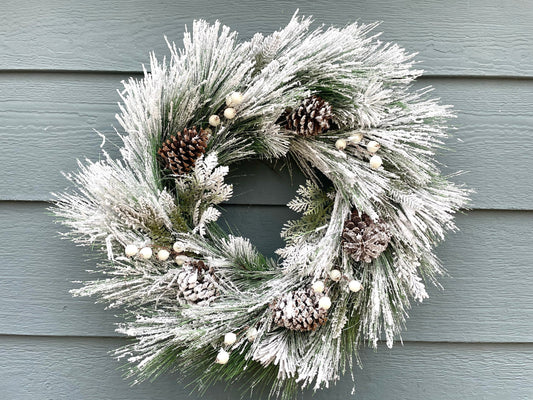 Flocked white berry Christmas wreath, flocked pine berry winter wreath, frosted white berry winter wreath, flocked pinecone winter wreath