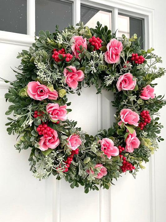 Red berry rose Valentines wreath, red berry eucalyptus winter wreath, pink rose eucalyptus wreath, eucalyptus winter wreath