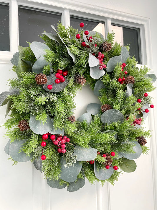 frosted eucalyptus pine mini wreath for font door, pine and red berries wreath, frosted eucalyptus red berry winter wreath, pinecone wreath