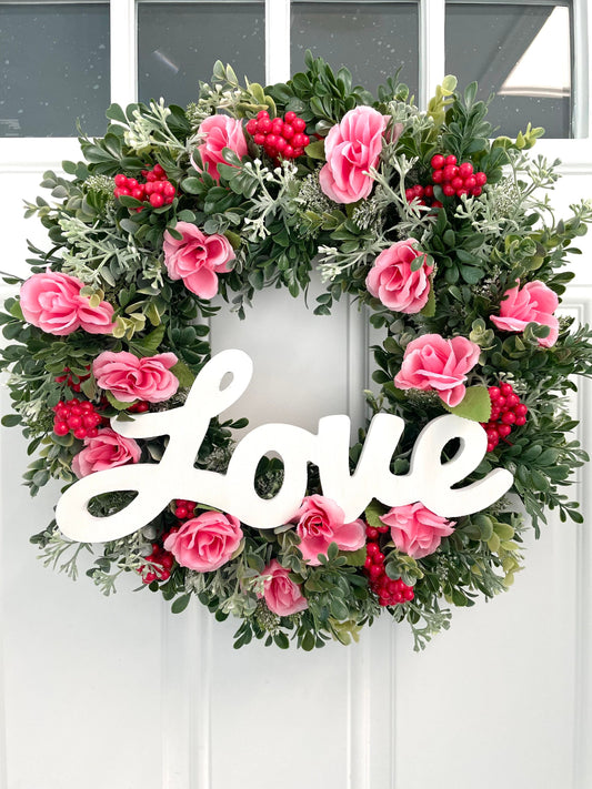 Love red berry eucalyptus wreath, love pink rose Valentines wreath, boxwood eucalyptus winter spring wreath, rose berry eucalyptus wreath
