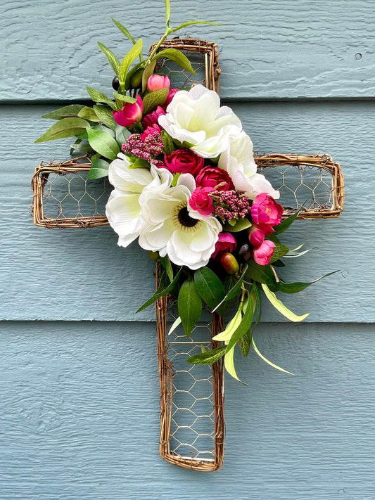 Easter cross wreath, spring chicken wire cross, cross door hanger, sympathy cross wreath, olive wreath, anemone berries wreath
