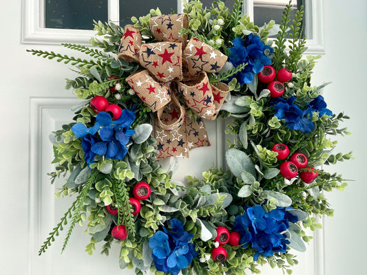 patriotic eucalyptus summer wreath, 4th of July wreath, memorial day wreath, red white blue wreath, Independence day wreath