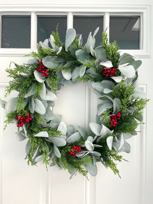 Lambs ear Christmas wreath for front door, red berry pine winter wreath, lambs ear and evergreen wreath, farmhouse Christmas wreath