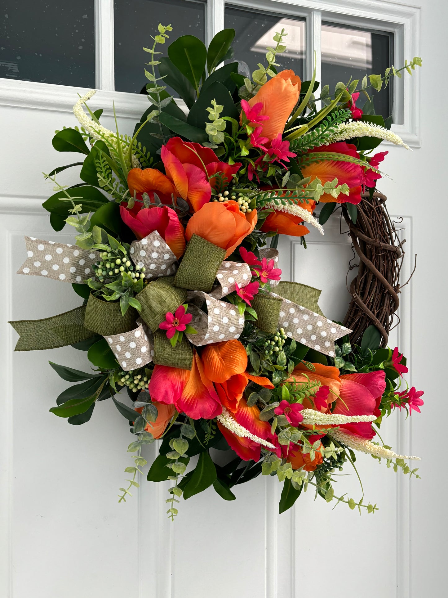 Orange Pink Tulip Eucalyptus Wreath