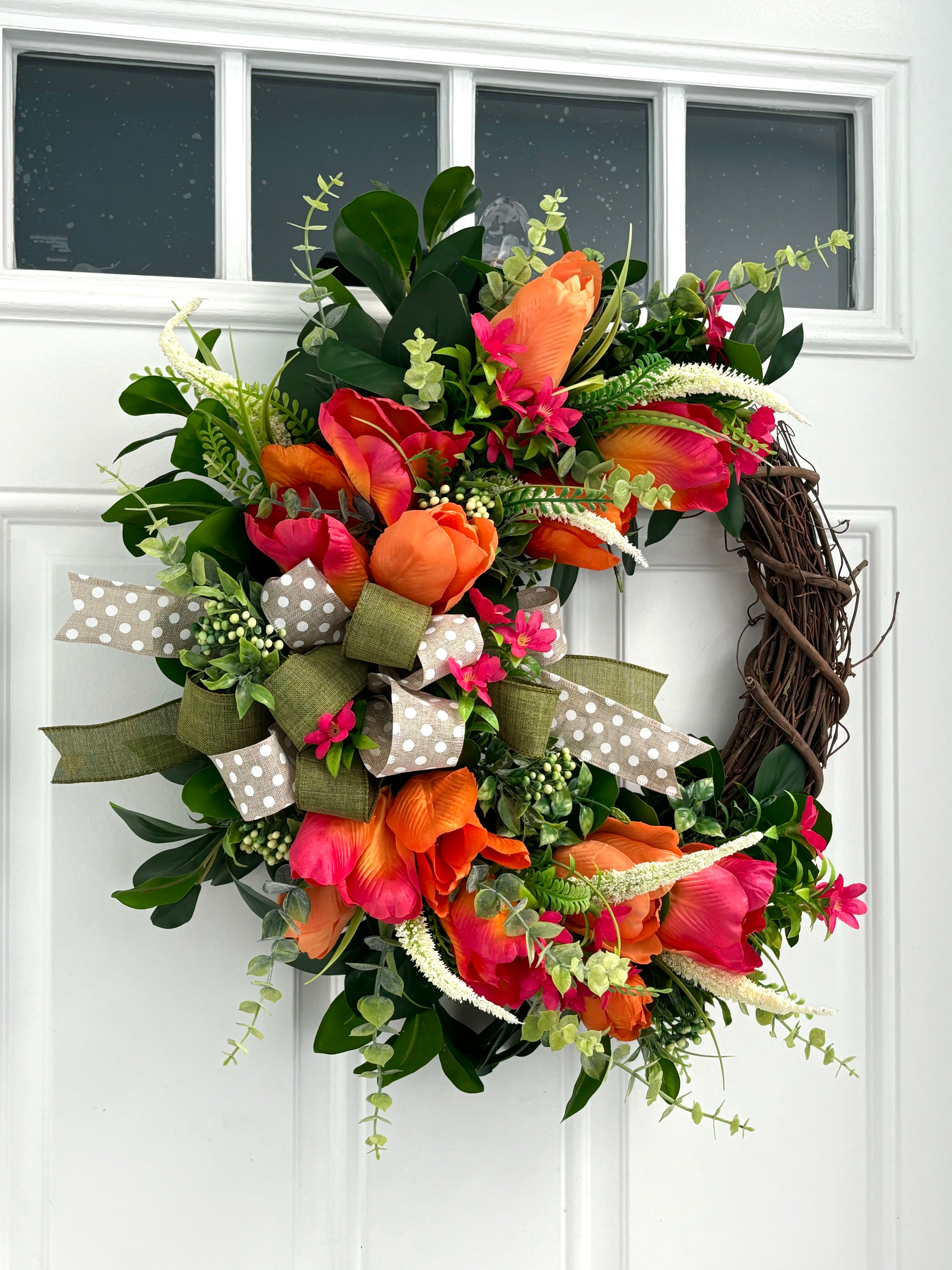 Tulip, outlet orange, and eucalyptus spring front door wreath, summer citrus fruit wreath, tropical wreath, Florida extra large double door wreath