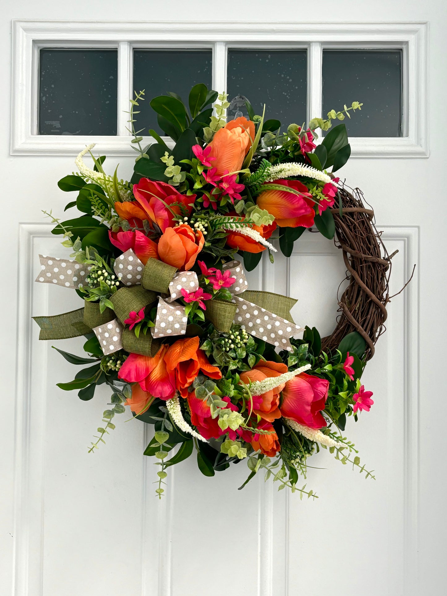 Orange Pink Tulip Eucalyptus Wreath