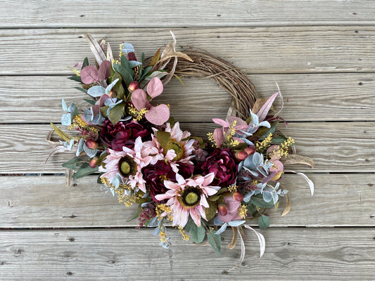 Pink sunflower and eucalyptus fall wreath