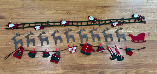 felt Christmas tree garland, primitive Christmas garland, elf clothes garland, Santa holiday garland, reindeer garland, sleigh garland