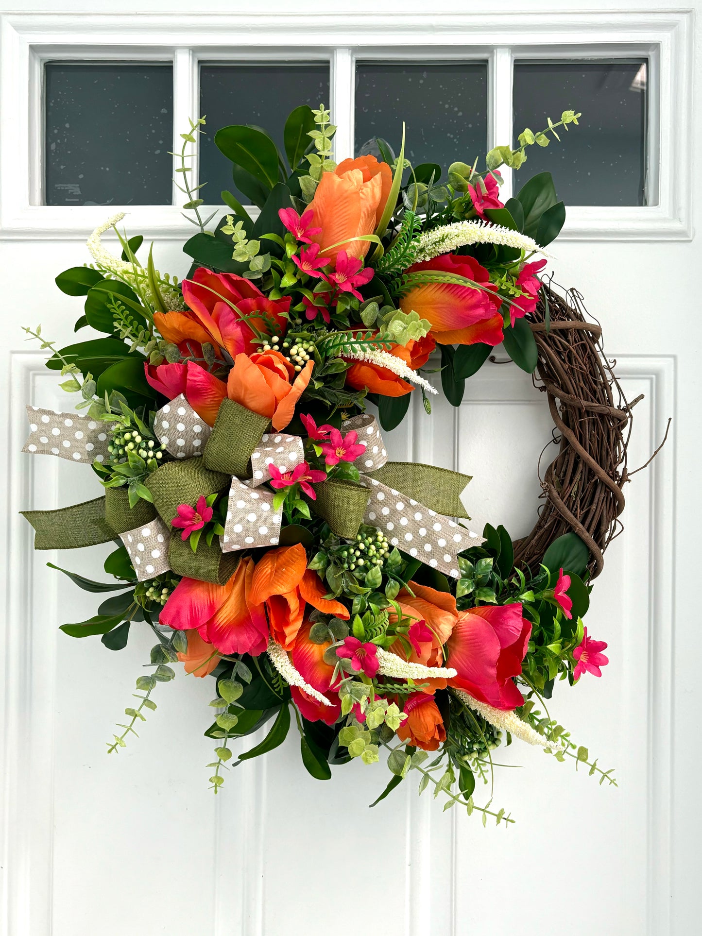 Orange Pink Tulip Eucalyptus Wreath