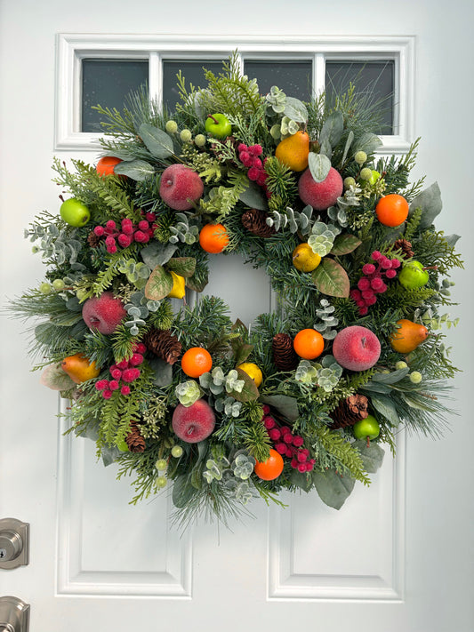 Williamsburg Style Wreath, Fruit Winter Wreath, Frosted Winter Wreath, Colonial Style Wreath, Pine Winter Wreath