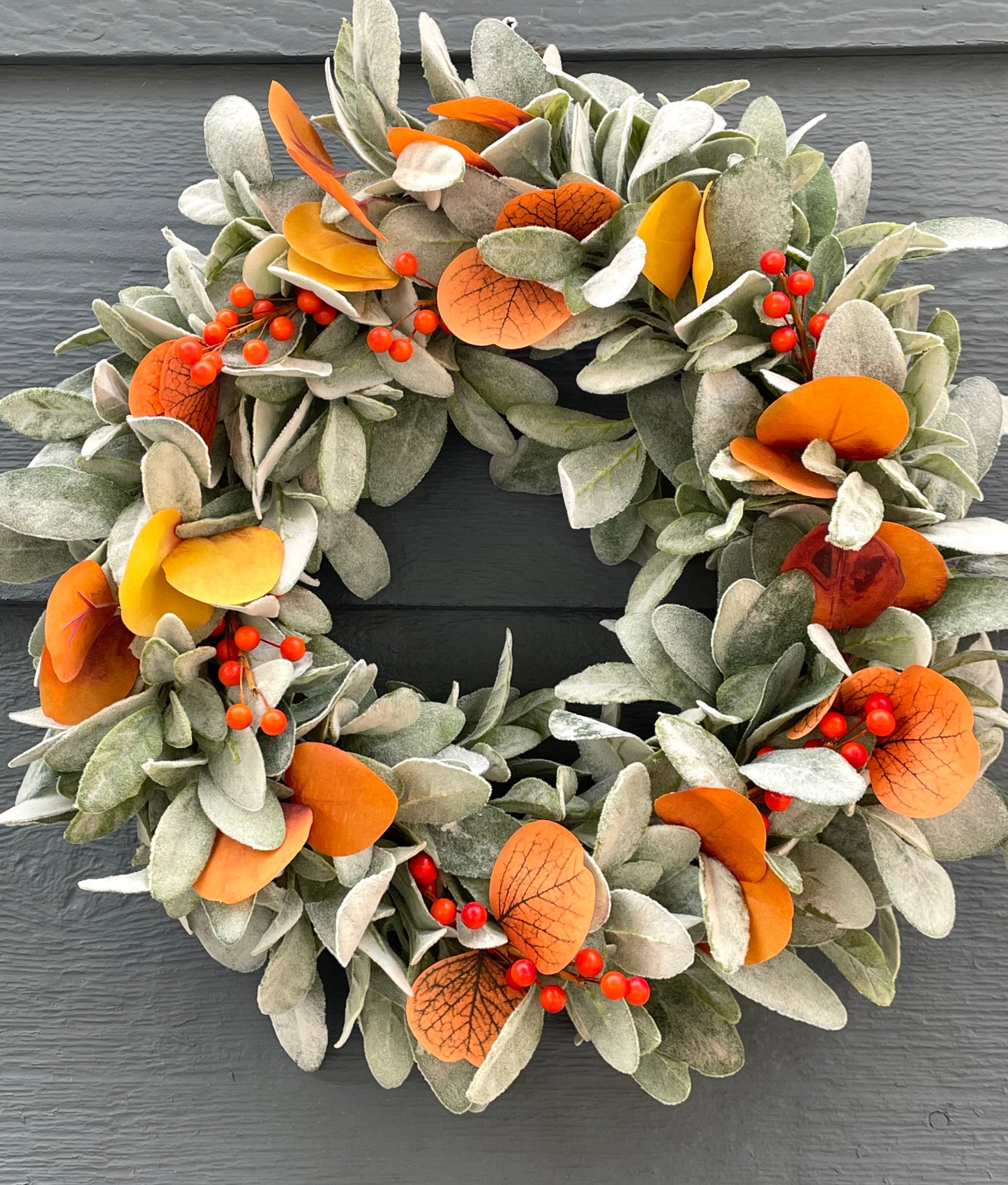 Orange Eucalyptus Lambs Ear Fall Wreath