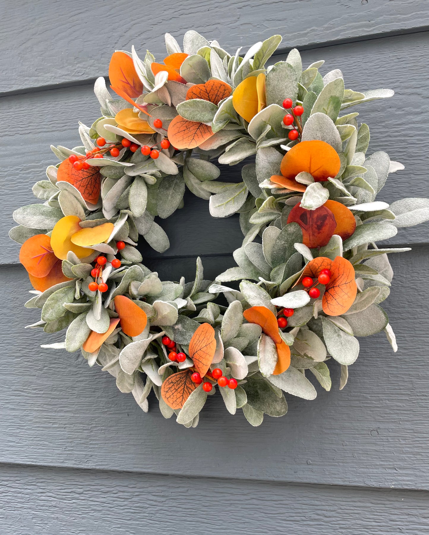 Orange Eucalyptus Lambs Ear Fall Wreath