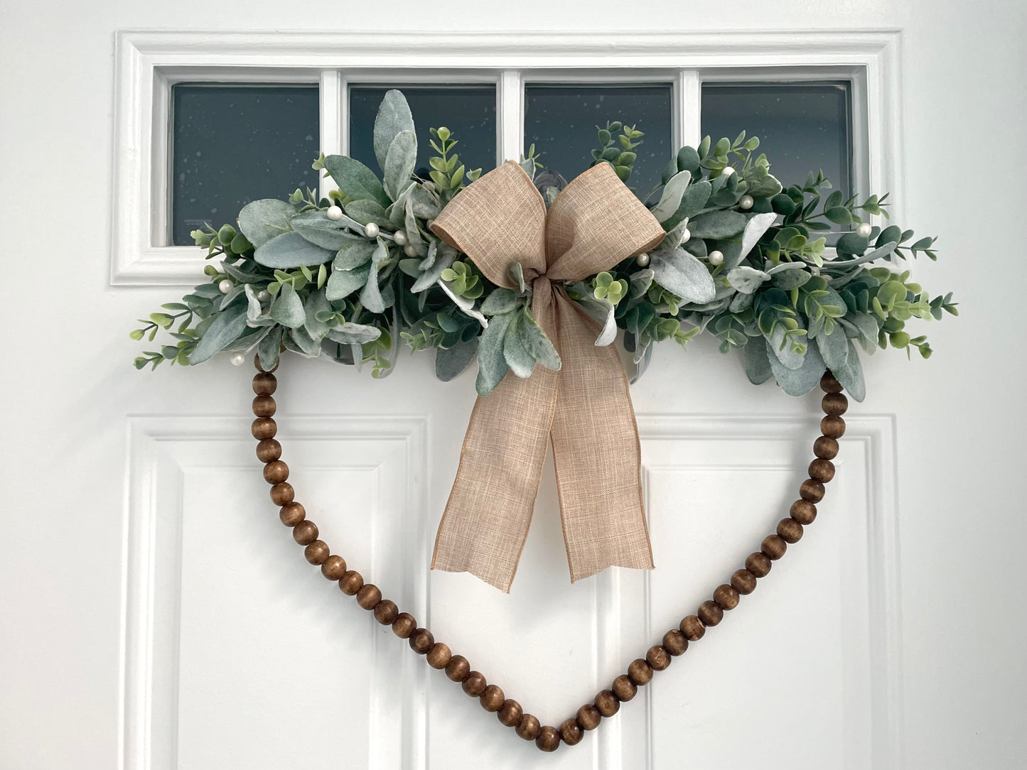 heart wood bead valentines wreath, lambs ear eucalyptus wreath, white berry wreath, year round wreath, bridal wreath, Mother’s Day wreath