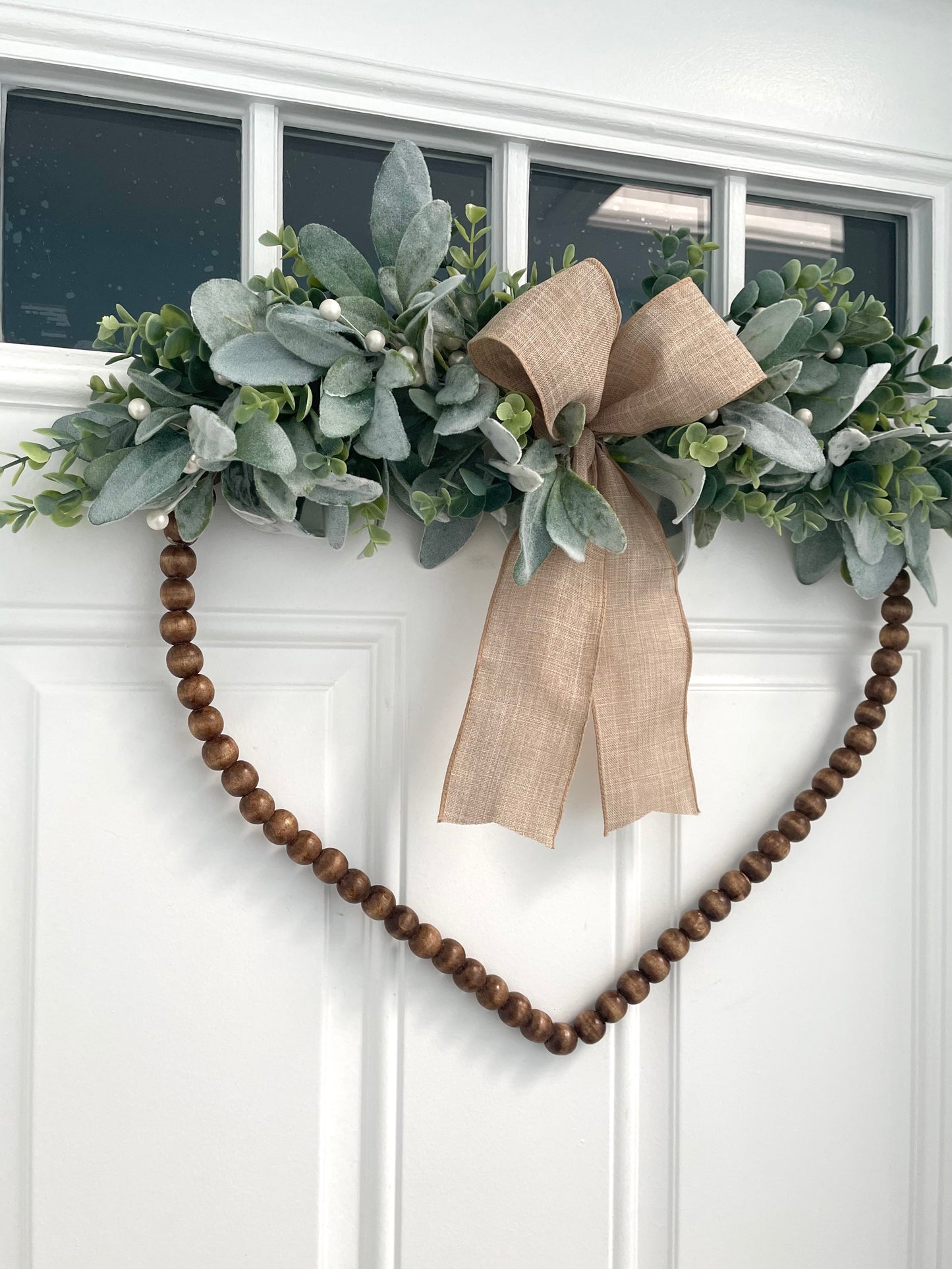 heart wood bead valentines wreath, lambs ear eucalyptus wreath, white berry wreath, year round wreath, bridal wreath, Mother’s Day wreath