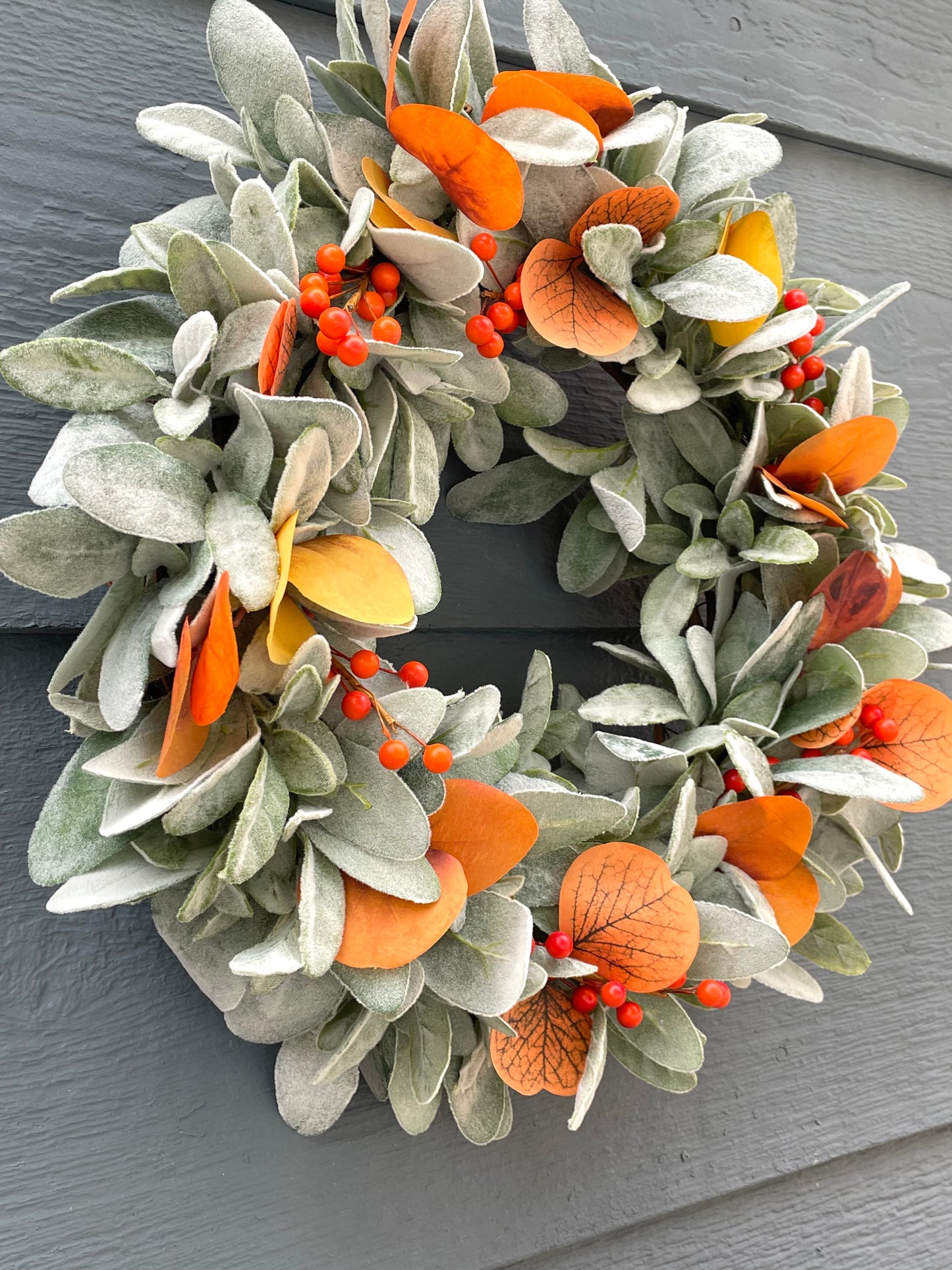 Orange Eucalyptus Lambs Ear Fall Wreath