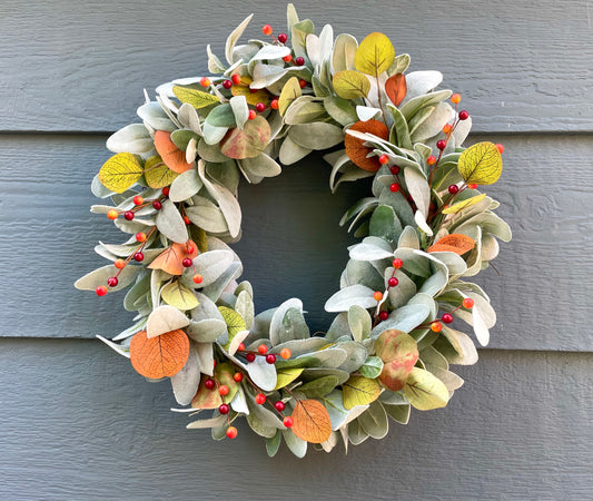 Orange Eucalyptus Lambs Ear Fall Wreath