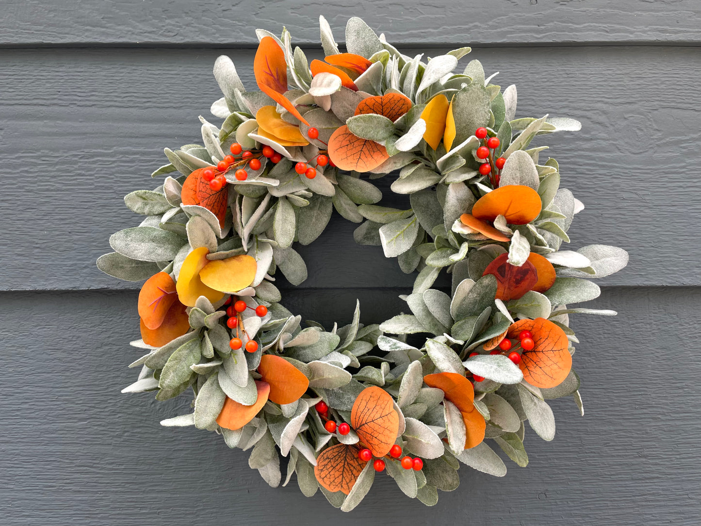 Orange Eucalyptus Lambs Ear Fall Wreath