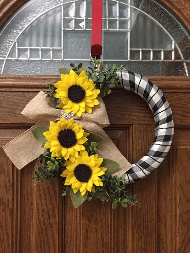 sunflower wreath, buffalo check wreath, spring wreath, fall wreath, felt wreath, ribbon wreath, yellow wreath