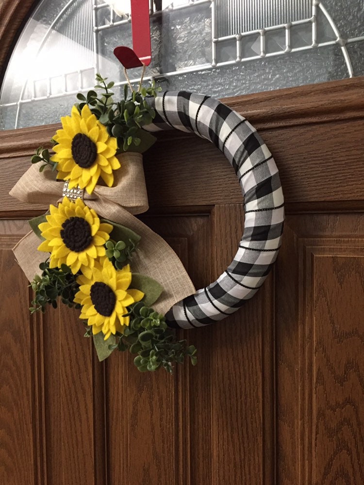 sunflower wreath, buffalo check wreath, spring wreath, fall wreath, felt wreath, ribbon wreath, yellow wreath