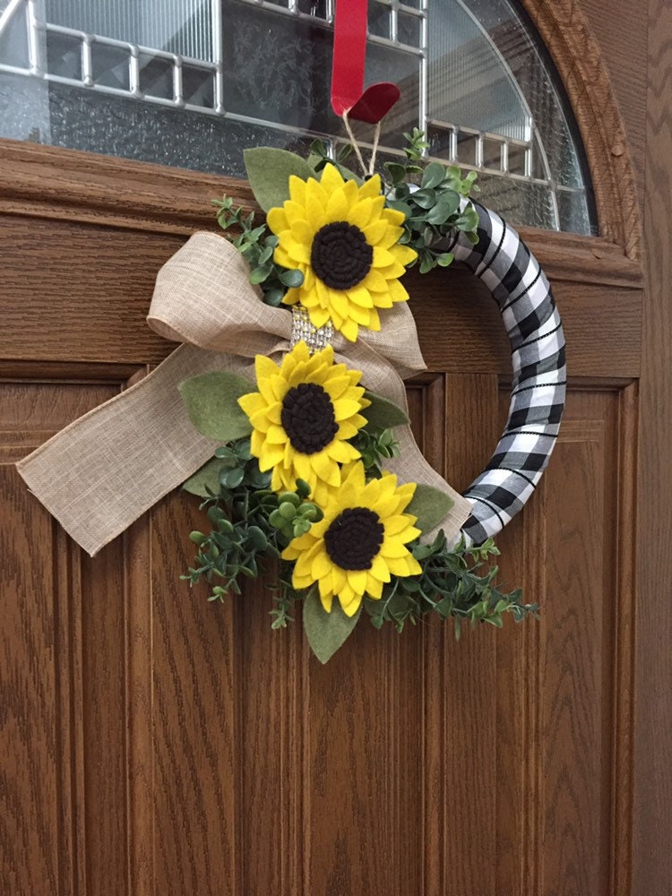 sunflower wreath, buffalo check wreath, spring wreath, fall wreath, felt wreath, ribbon wreath, yellow wreath