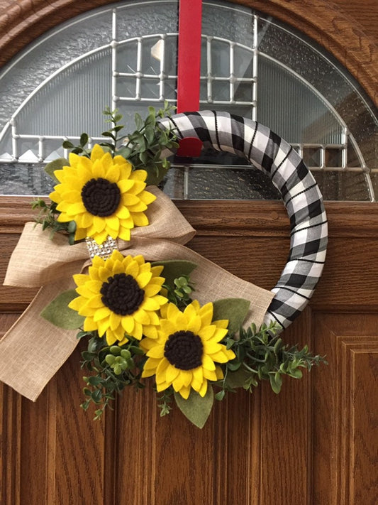 sunflower wreath, buffalo check wreath, spring wreath, fall wreath, felt wreath, ribbon wreath, yellow wreath