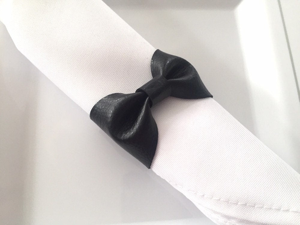 black napkin ring, bow napkin ring, faux leather napkin ring, black napkin holder, fall napkin ring, Christmas napkin ring