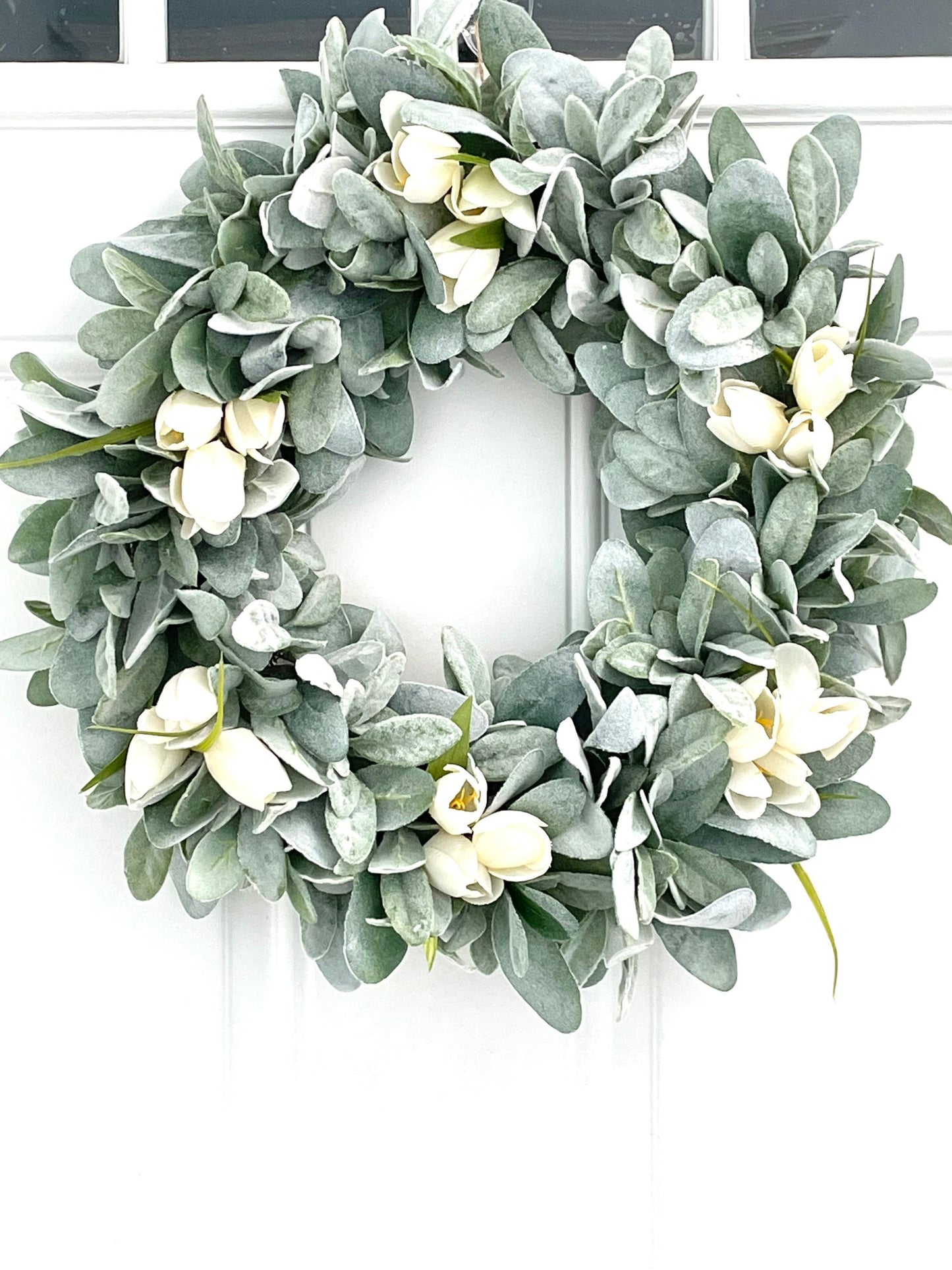 lambs ear and tulip spring wreath, tulip summer wreath, ivory tulip bridal wreath, year round wreath, lambs ear wreath for front door