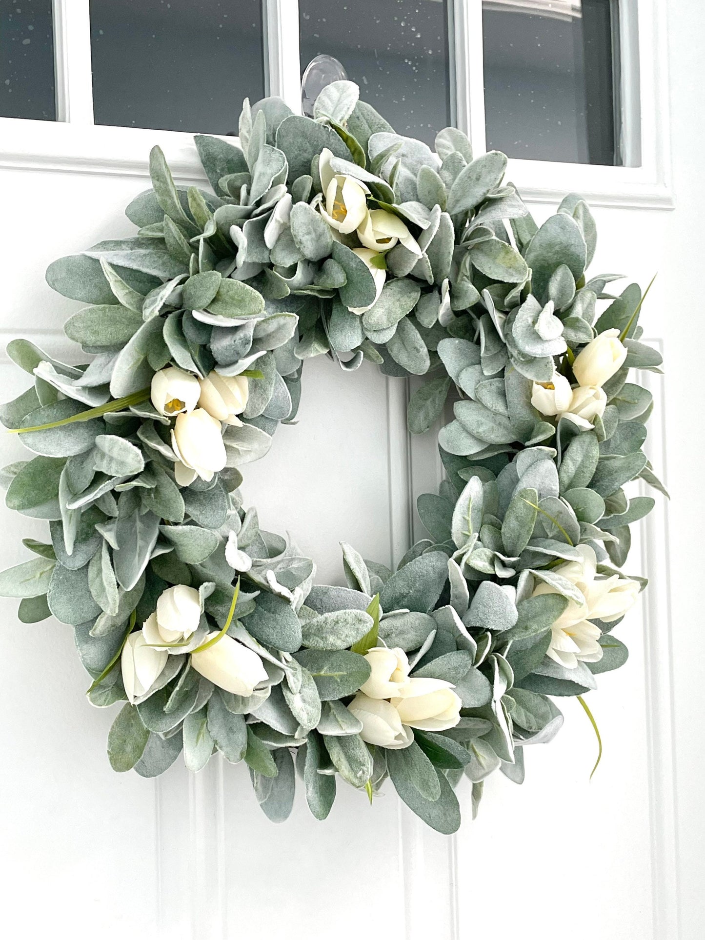 lambs ear and tulip spring wreath, tulip summer wreath, ivory tulip bridal wreath, year round wreath, lambs ear wreath for front door