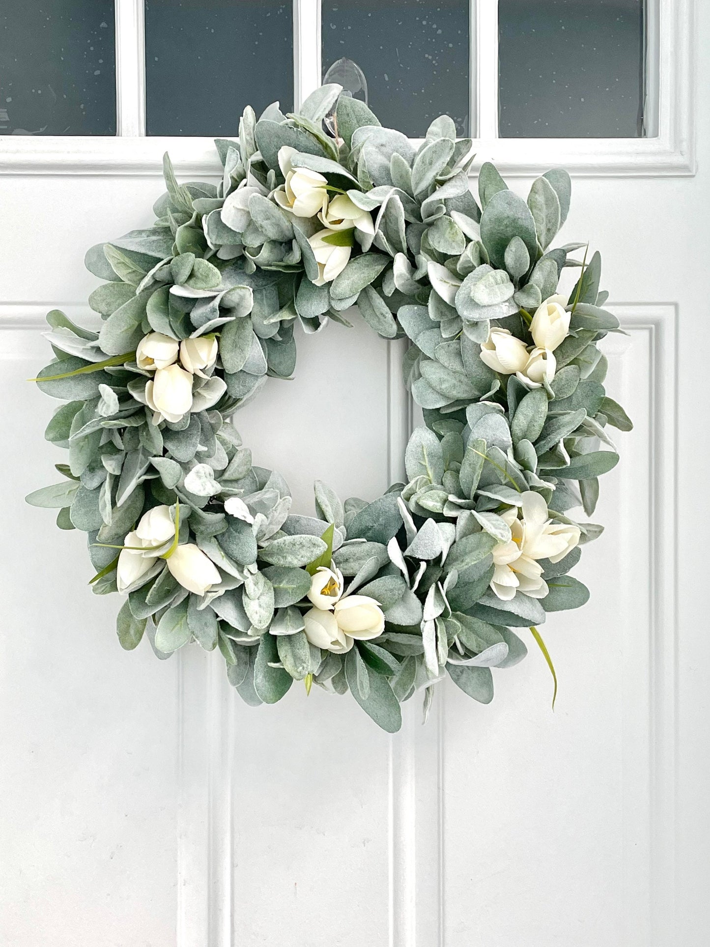 lambs ear and tulip spring wreath, tulip summer wreath, ivory tulip bridal wreath, year round wreath, lambs ear wreath for front door