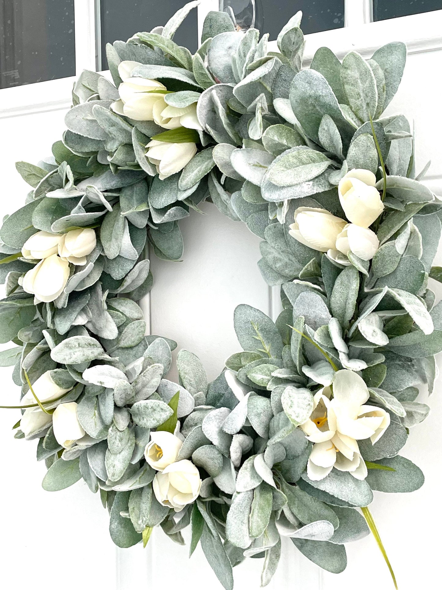 lambs ear and tulip spring wreath, tulip summer wreath, ivory tulip bridal wreath, year round wreath, lambs ear wreath for front door