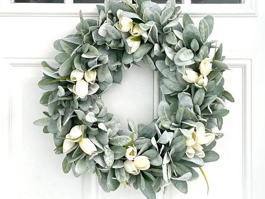 lambs ear and tulip spring wreath, tulip summer wreath, ivory tulip bridal wreath, year round wreath, lambs ear wreath for front door