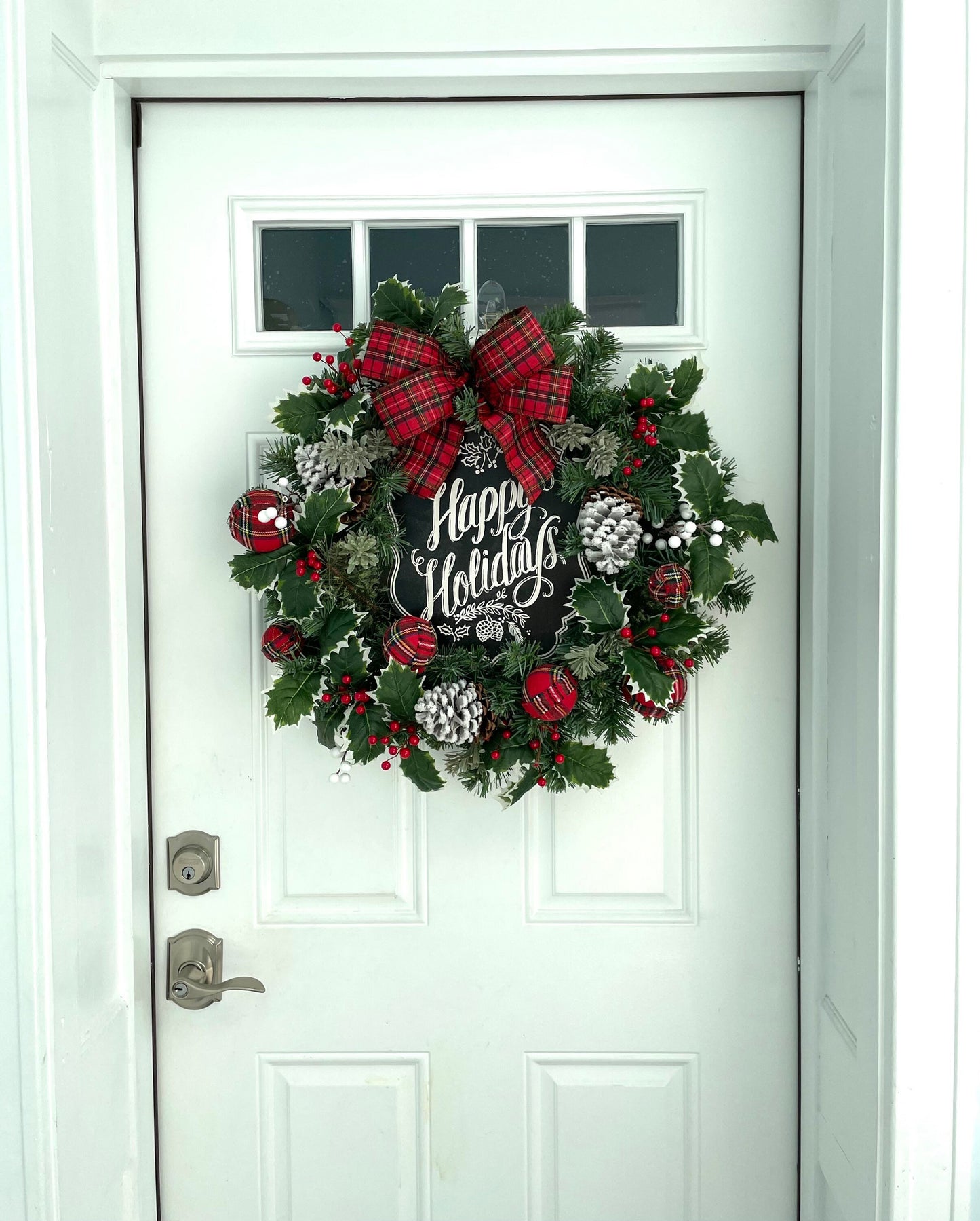 winter Christmas buffalo check wreath, frosted pine cone wreath, happy holiday wreath, red berry wreath, white berry wreath, plaid wreath