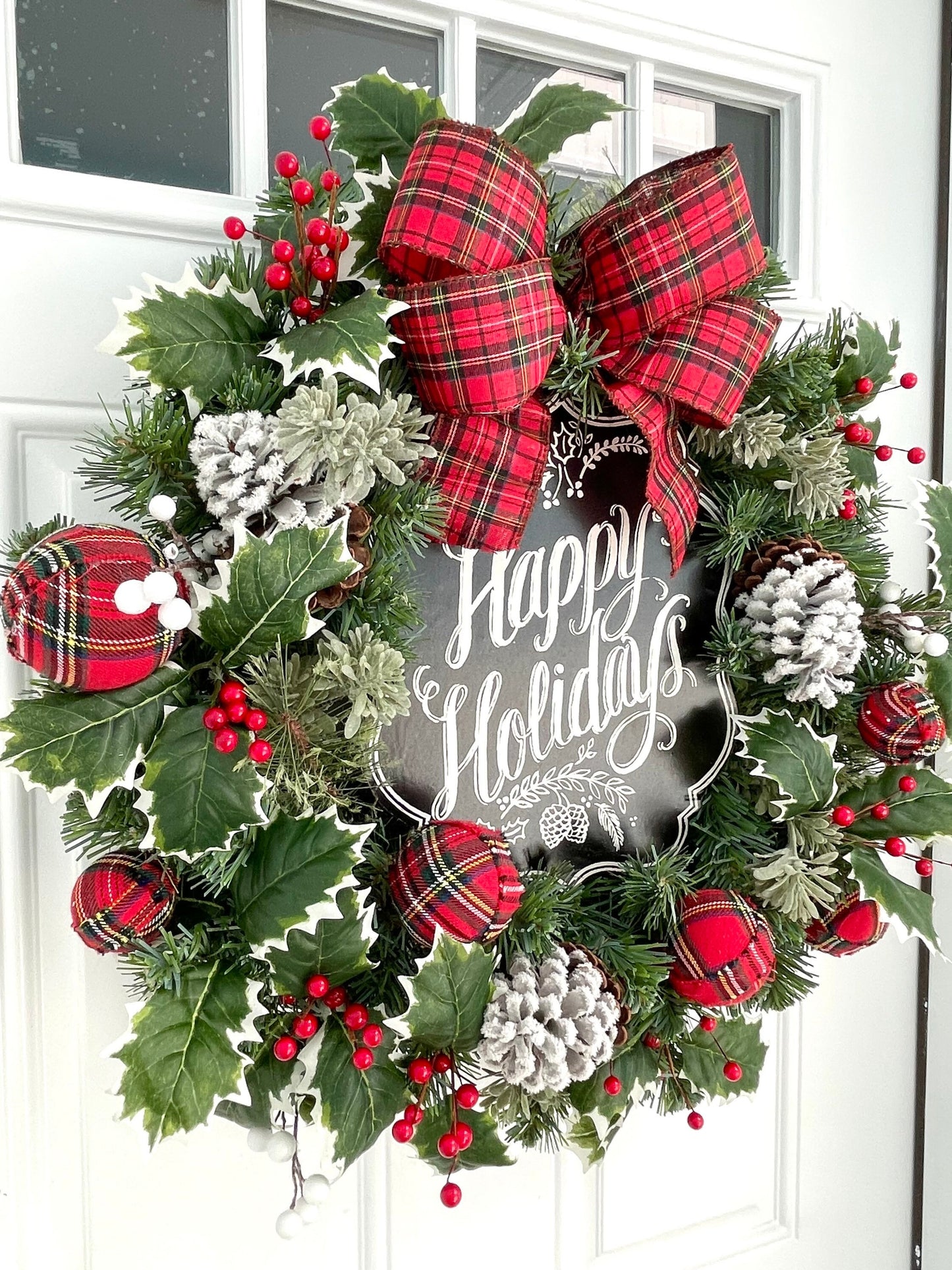 winter Christmas buffalo check wreath, frosted pine cone wreath, happy holiday wreath, red berry wreath, white berry wreath, plaid wreath