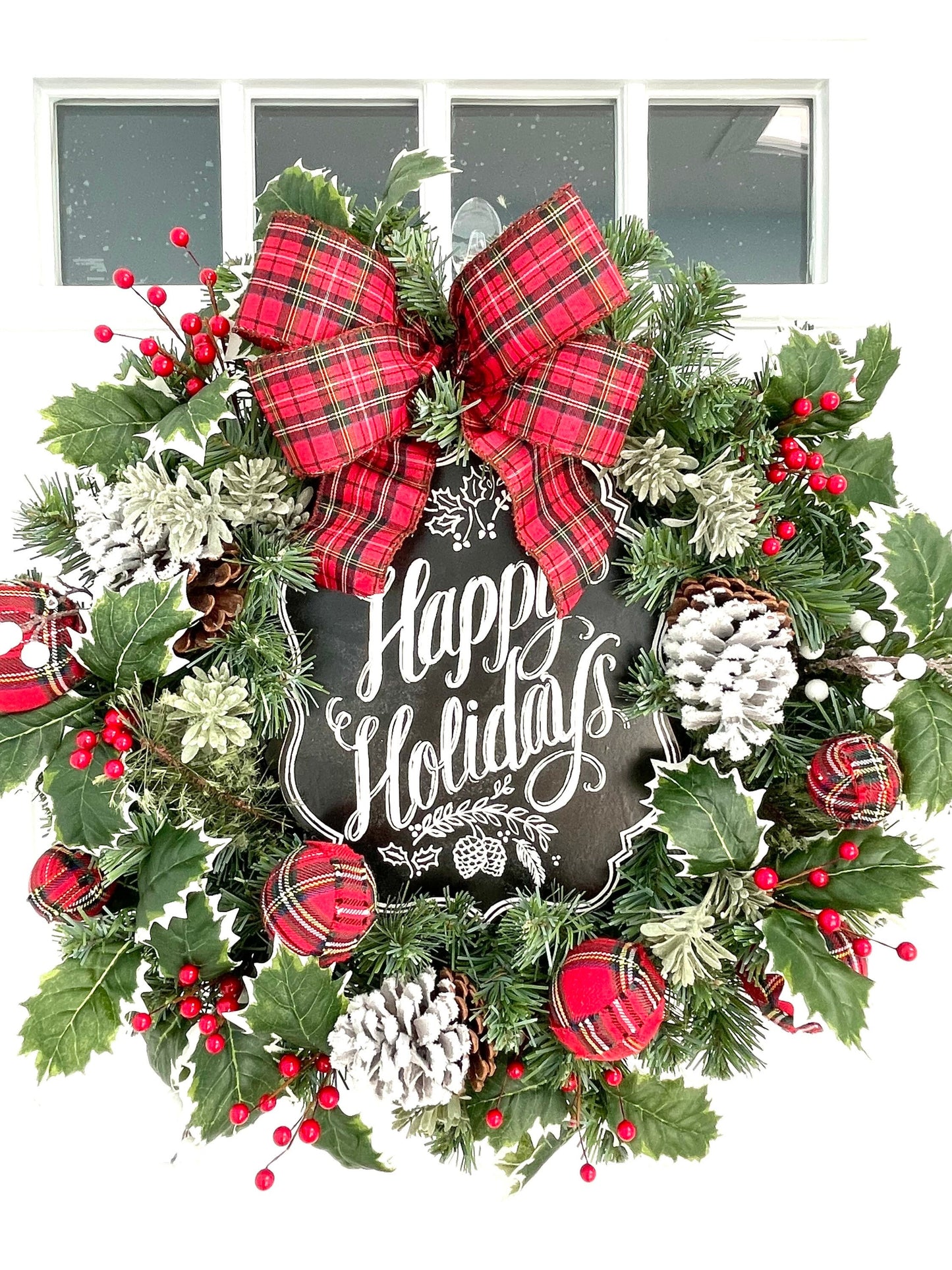 winter Christmas buffalo check wreath, frosted pine cone wreath, happy holiday wreath, red berry wreath, white berry wreath, plaid wreath