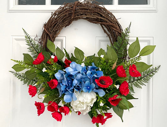 Fourth of July wreath, Memorial Day hydrangea and fern summer patriotic wreath, red white and blue patriotic wreath, independence day wreath