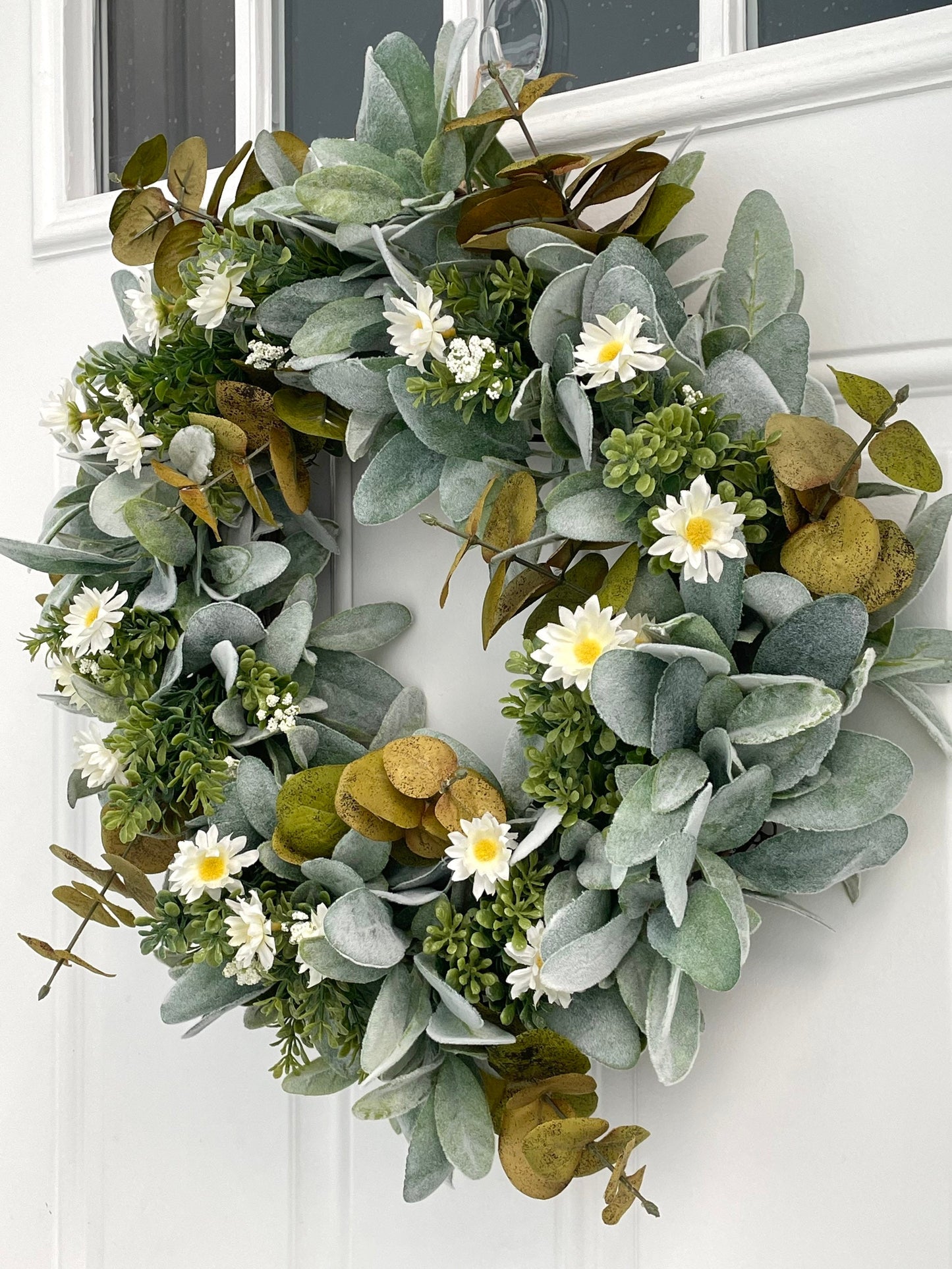 eucalyptus and lambs ear summer fall wreath, daisy summer wreath, lambs ear and white daisy fall wreath, eucalyptus modern farmhouse wreath