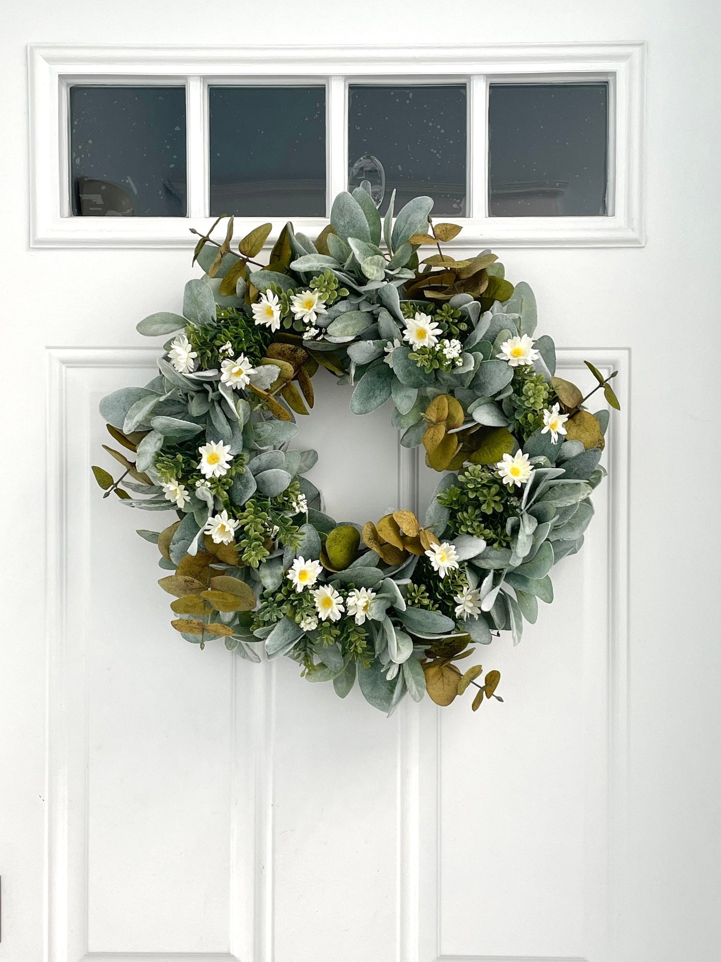 eucalyptus and lambs ear summer fall wreath, daisy summer wreath, lambs ear and white daisy fall wreath, eucalyptus modern farmhouse wreath