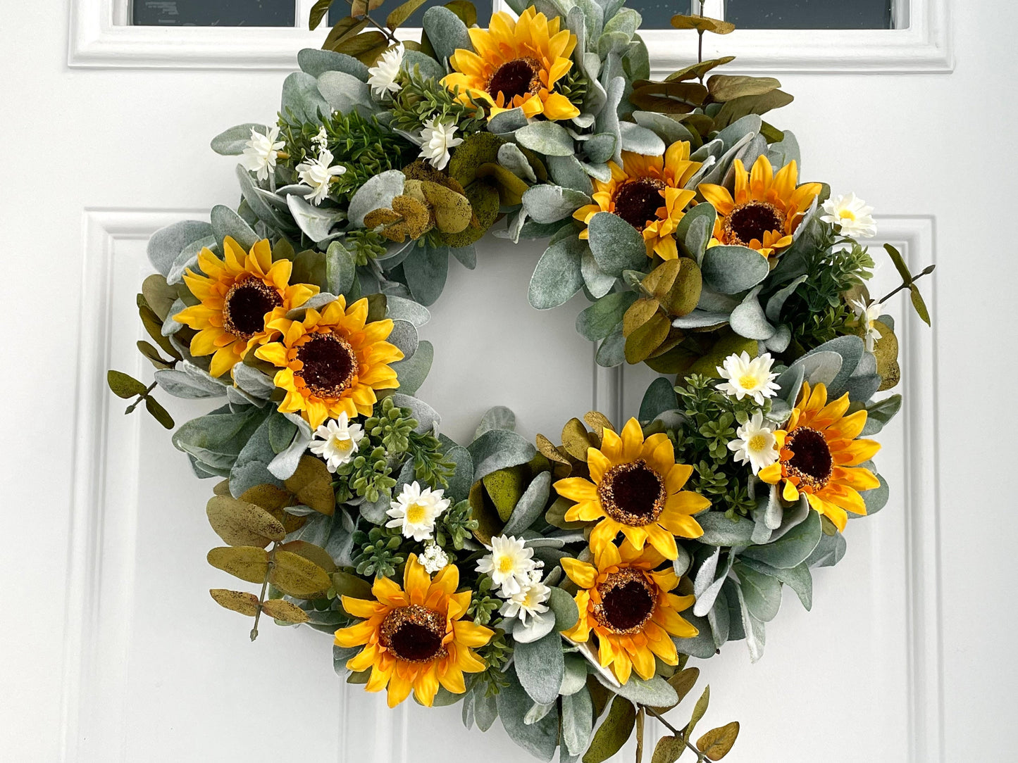 sunflower eucalyptus summer fall wreath, sunflower lambs ear wreath, daisy and eucalyptus wreath, eucalyptus and lambs ear summer wreath