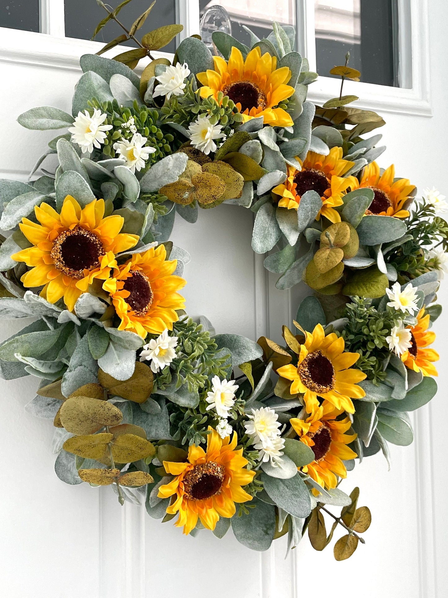 sunflower eucalyptus summer fall wreath, sunflower lambs ear wreath, daisy and eucalyptus wreath, eucalyptus and lambs ear summer wreath