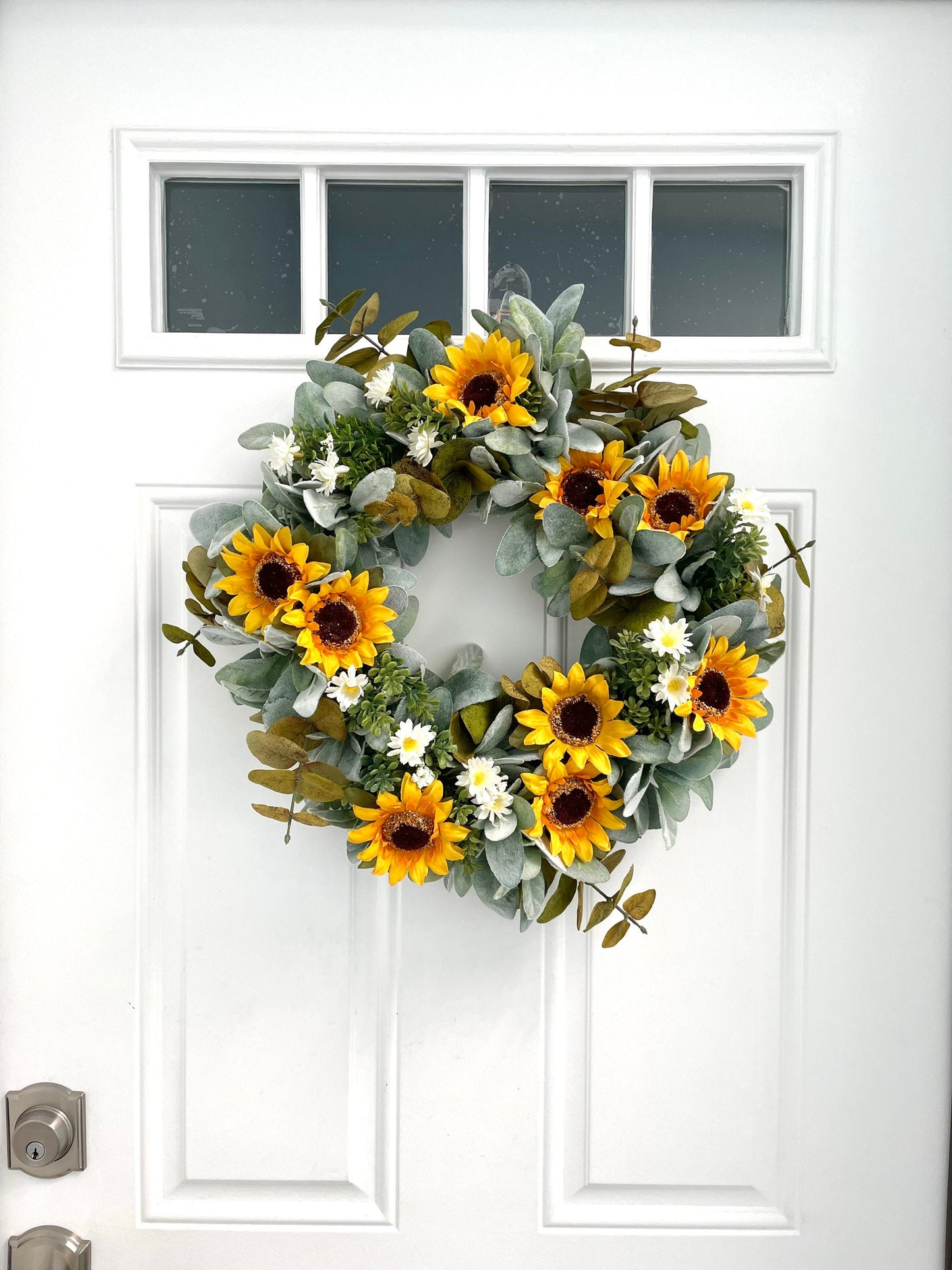 sunflower eucalyptus summer fall wreath, sunflower lambs ear wreath, daisy and eucalyptus wreath, eucalyptus and lambs ear summer wreath